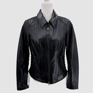 Harley Davidson Motorcycle Leather Moto Biker Jacket Black Lace Up Wings Zip M